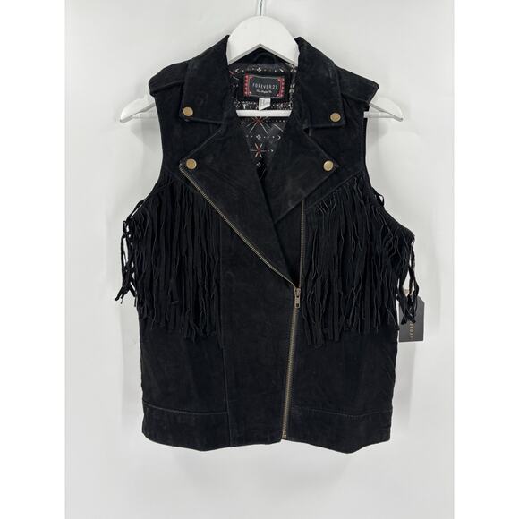 NWT Forever 21 Leather Vest Womens Medium Black Fringe Zip Up Asymmetrical Suede